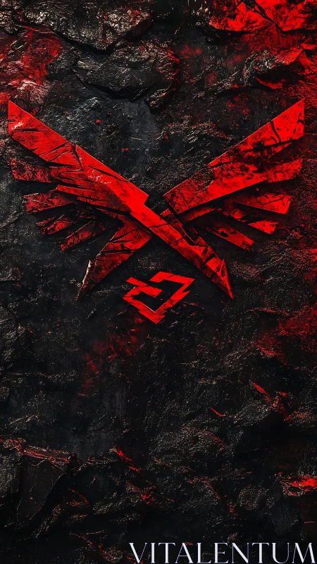 Shattered crimson wings emblem on scorched stone backdrop.
