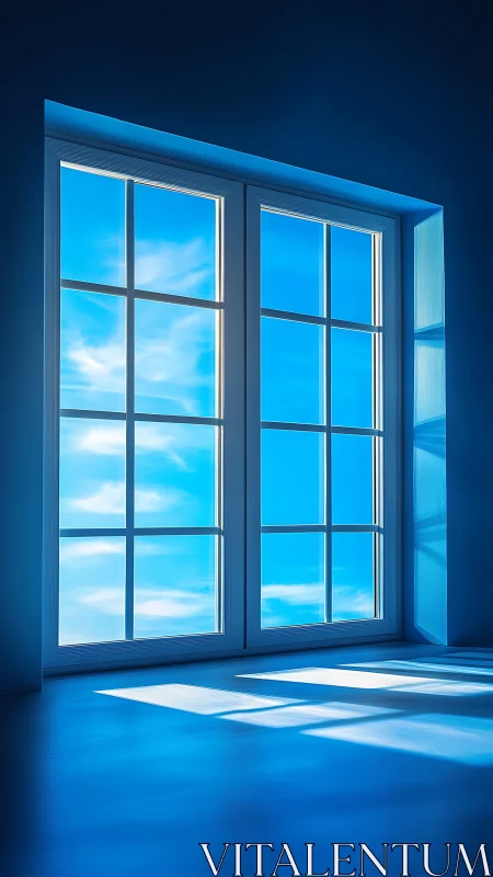 Sunlit blue window casting dreamy skylit reflections.