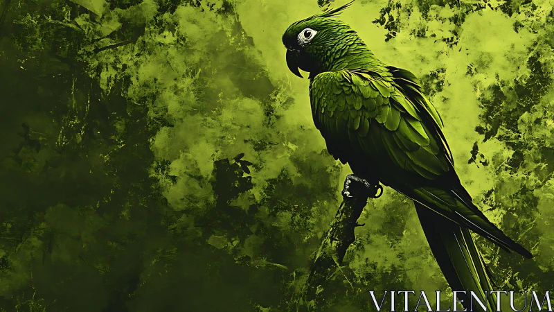 Vibrant green parrot perched on branch, digital art style.