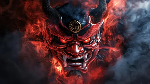 Demonic oni mask emerging through swirling crimson smoke.