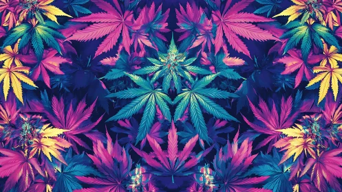 Color-soaked cannabis leaves glowing in dreamy neon hues.