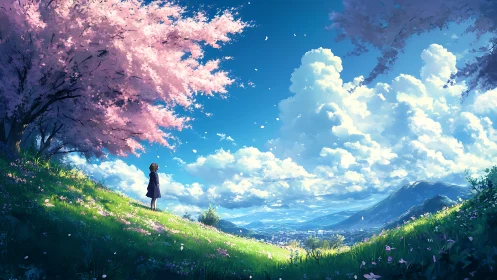Girl stands on grassy hill under pink cherry blossom tree