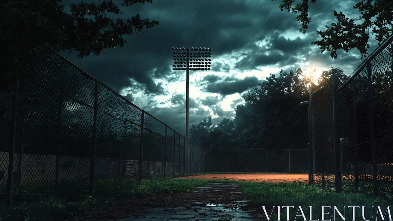 Empty fenced sports court glows under stormy evening rain