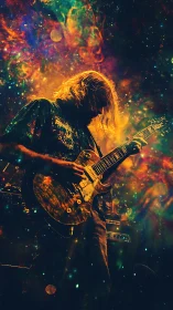 Cosmic stage silhouette with electric guitar nebula overlay.