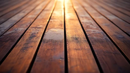 Sunlit wet wooden planks with shallow depth perspective.