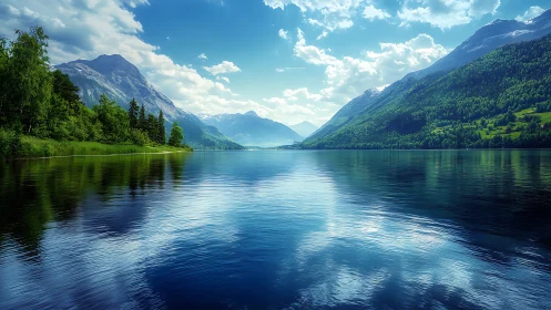 Digital painting of alpine lake with mirrored mountain ranges.
