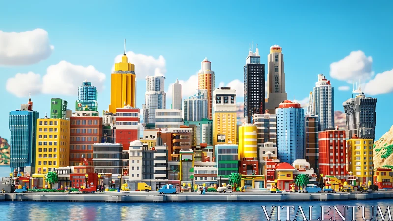 Colorful Lego city skyline rises above reflective waterfront