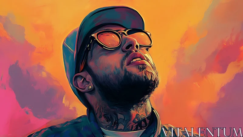 Digital portrait of man with sunglasses and cap in color field.