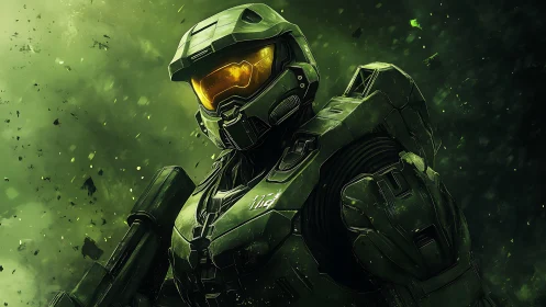 Armored sci fi supersoldier in green exosuit amid debris field