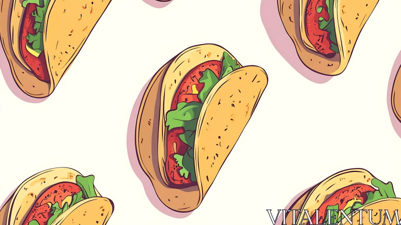 Seamless digital illustration of repeating taco pattern design.