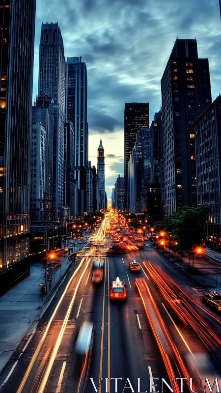 City dusk rush with glowing light trails and tall towers.