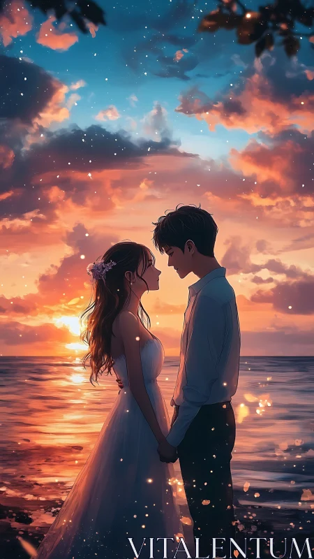 Couple at Sunset Beach with Luminescent Particles and Celestial Sky