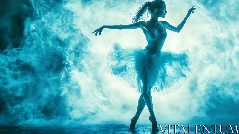 Ethereal ballerina glides through swirling blue stage mist