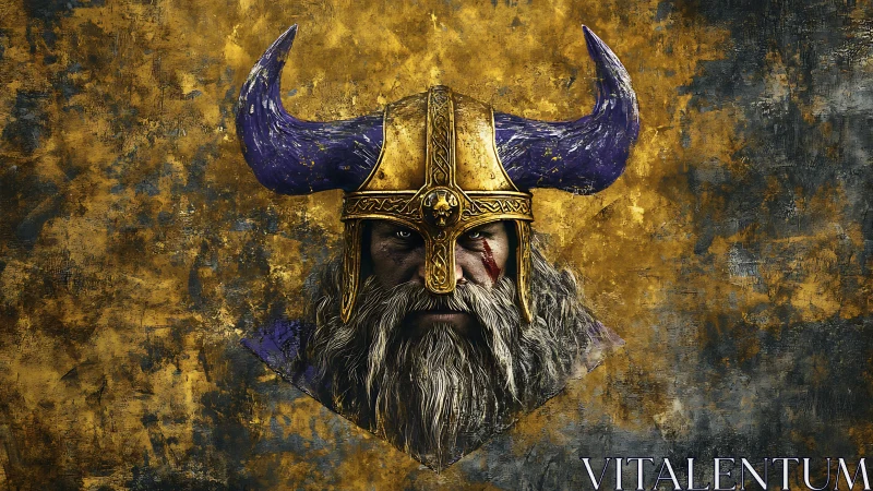 Viking warlord portrait with gilded helm and violet horns.