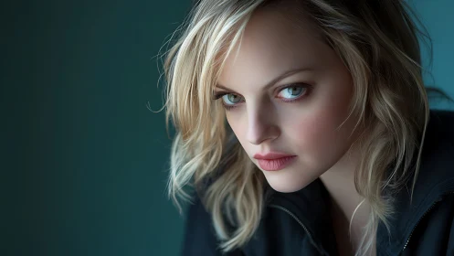 Photorealistic teal-lit female portrait with shallow depth of field.