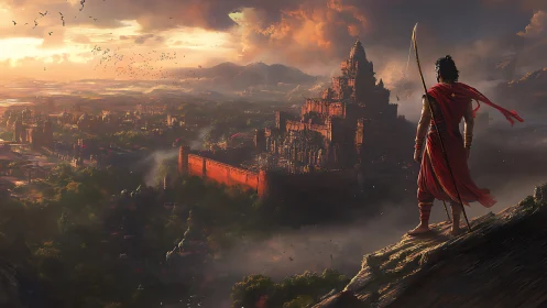 Warrior overlooks a sunlit ancient fortress city at dusk