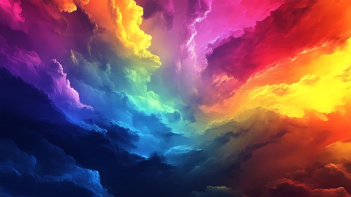 Radiant storm clouds spiral through prismatic spectral sky