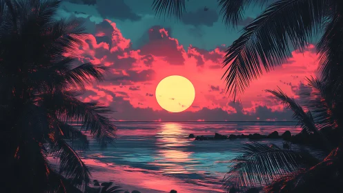 Neon sunset floods tropical shoreline with molten color glow.