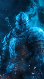 Armored spectral knight emerges through cyan ethereal flames