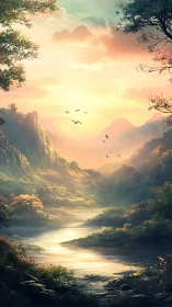 Sunlit fantasy valley river winds through misty mountains