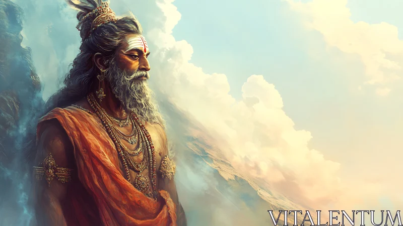 Serene mountain sage gazing into glowing painted skies.