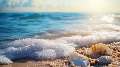 Sunlit seashell chorus beneath foaming shoreline waves.