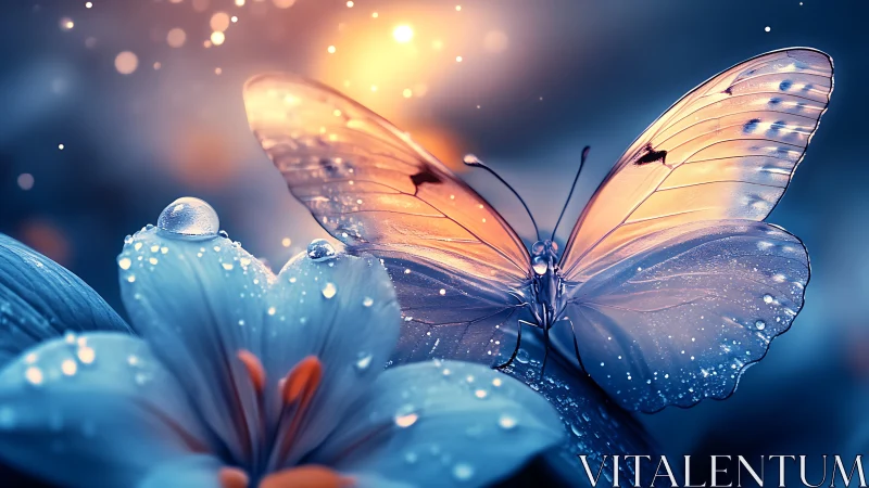 Digital painting of luminous butterfly on dewlit blossoms.