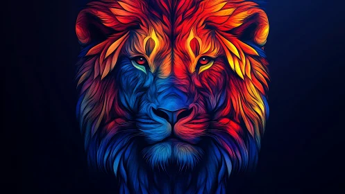 Symmetric multicolor lion head illustration on dark background.