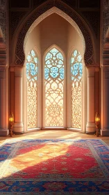 Sunlit stained-glass archway illuminates ornate prayer hall.