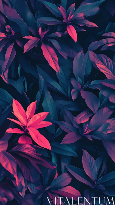 Neon tropical foliage glows softly against deep midnight shadows