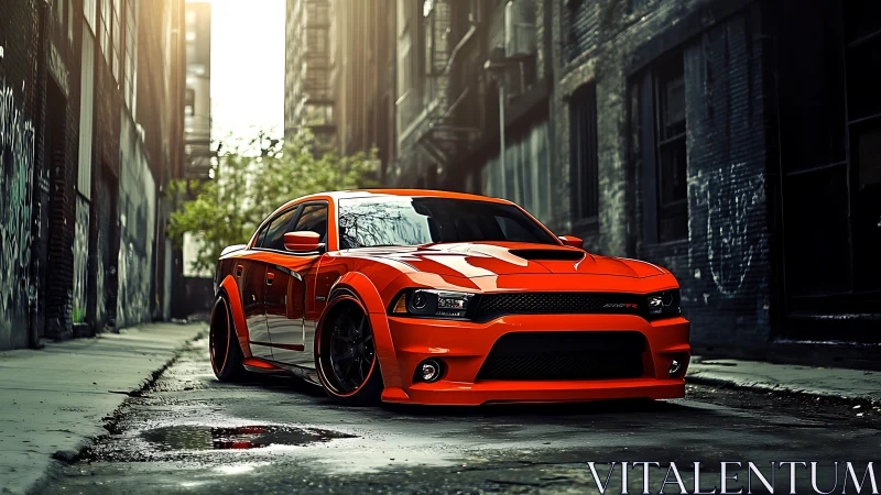 Street-lit inferno muscle car stalking the urban canyons.