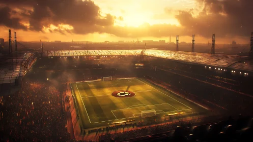 Golden sunset embraces a packed football stadium in glow