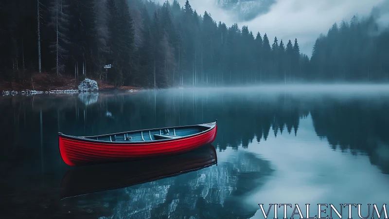 Bright red canoe rests calmly on a misty forest lake