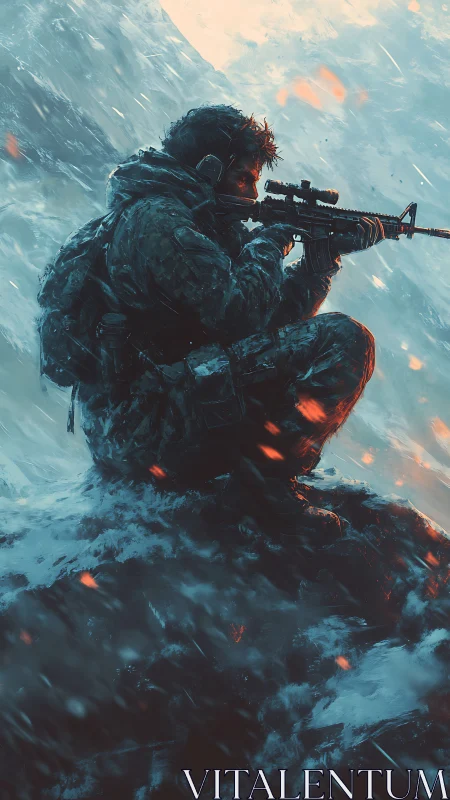 Snowstorm sniper carves calm focus from roaring chaos