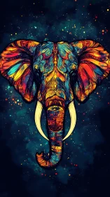 Radiant cosmic elephant portrait glowing against night sky.