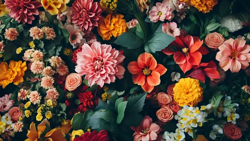 Vibrant Floral Arrangement with Mixed Blooms and Green Foliage.