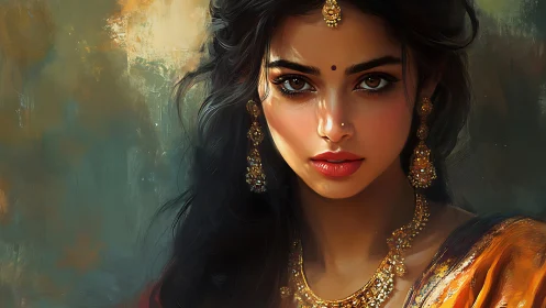 Digital portrait of woman in gold jewelry and sari. Period.