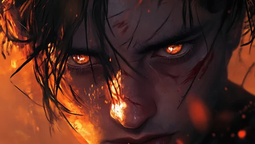 Firelit gaze of a fierce, unbroken spirit in the dark.