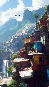 Vertiginous favela terraces overlook misted waterfalls and peaks