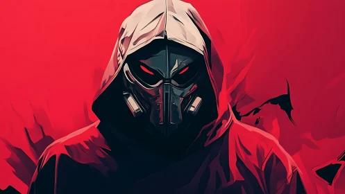 Red cloaked cyber assassin with armored respirator mask