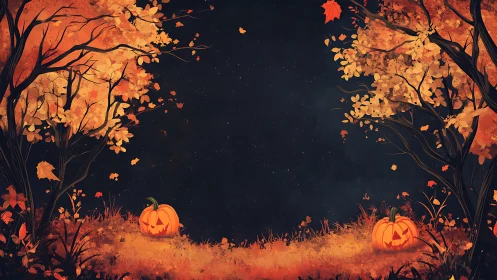 Cozy jack o&rsquo;lantern path glowing in a golden autumn forest.