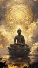 Golden mandala halo above meditative Buddha on lotus pedestal.