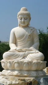 Peaceful Buddha statue resting in serene outdoor light.