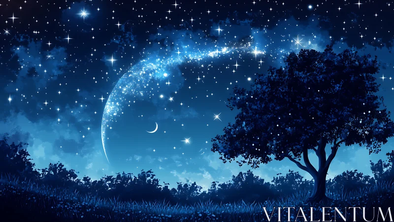 Digital night sky illustration shows tree silhouette and stars