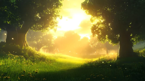 Sunlit forest meadow welcomes a gentle golden morning glow