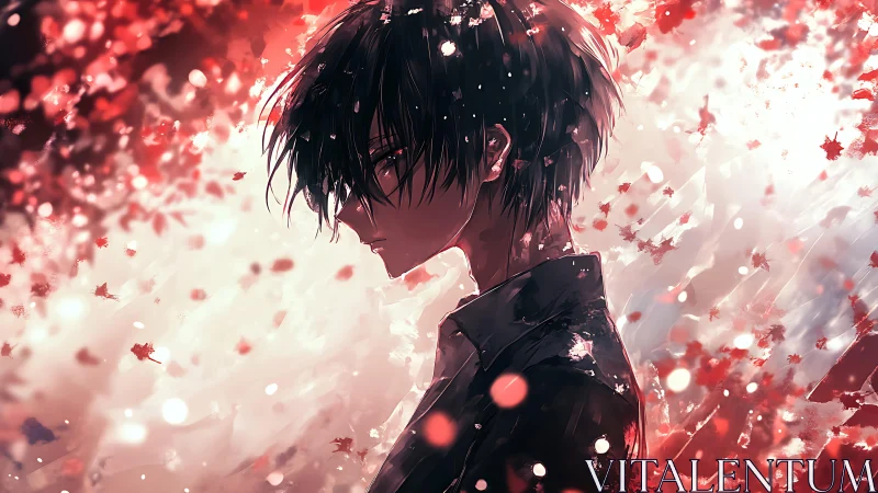 Melancholic anime boy stands amid swirling red leaves
