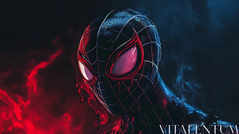 Masked superhero emerges from red and blue swirling smoke