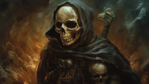 Skeletal necromancer portrait with turbulent chromatic shroud.