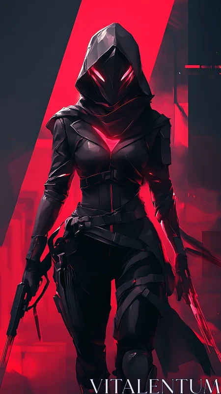 Hooded cyber assassin advances through neon red shadows