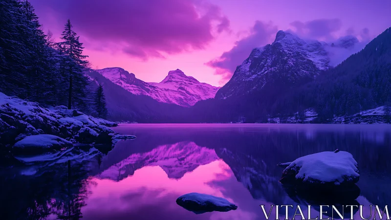 Snowy mountains glow in vivid magenta twilight reflection.